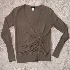 J. Crew Taupe Brown Merino Wool V-Neck Wrap Sweater with Zipper XS